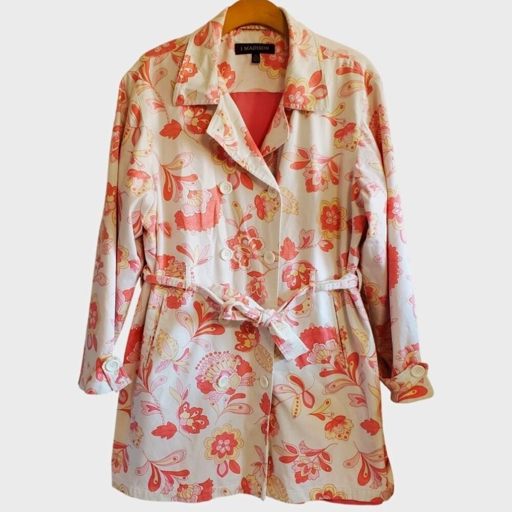 1 Madison Cotton Blend Pink Floral Paisley Trench Coat Quirky Twee Pockets SZ XL